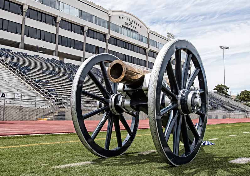 John Byrne/Tribune It’s UNLV Week. The Rebels come to Mackay Stadium on Saturday afternoon for the 41st annual Battle for the Fremont Cannon (pictured). Nevada leads the all-time series 24-16, but the teams have split the last two contests, with the road team winning each of those games. The Fremont Cannon is actually a replica of a howitzer that accompanied Captain John C. Fremont on his expedition through Oregon, Nevada and California in 1843-1844. A preview of the football game can be found on page 11.